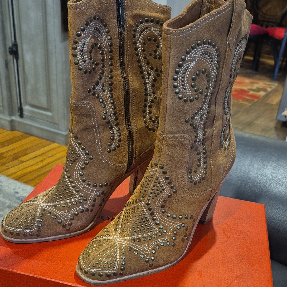 Donald J. Pliner Tan Suede Studded Western Ankle Boots